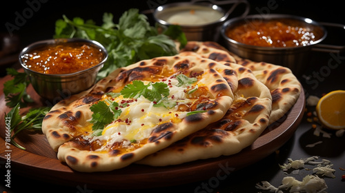 Wide traditional Indian food recipe banner mage, detailed closeup photo of naan bread on a tray with gravies and curries around in dark background  photo