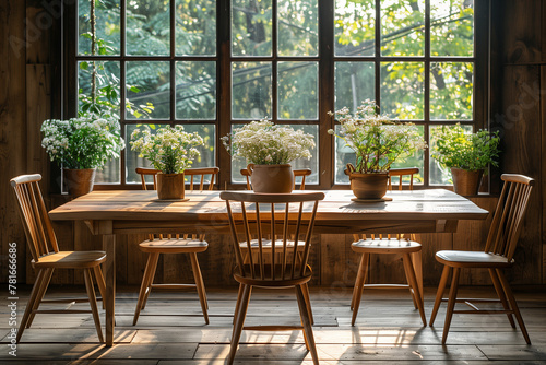 Wooden table with chairs and vase of flowers in cosy cafe