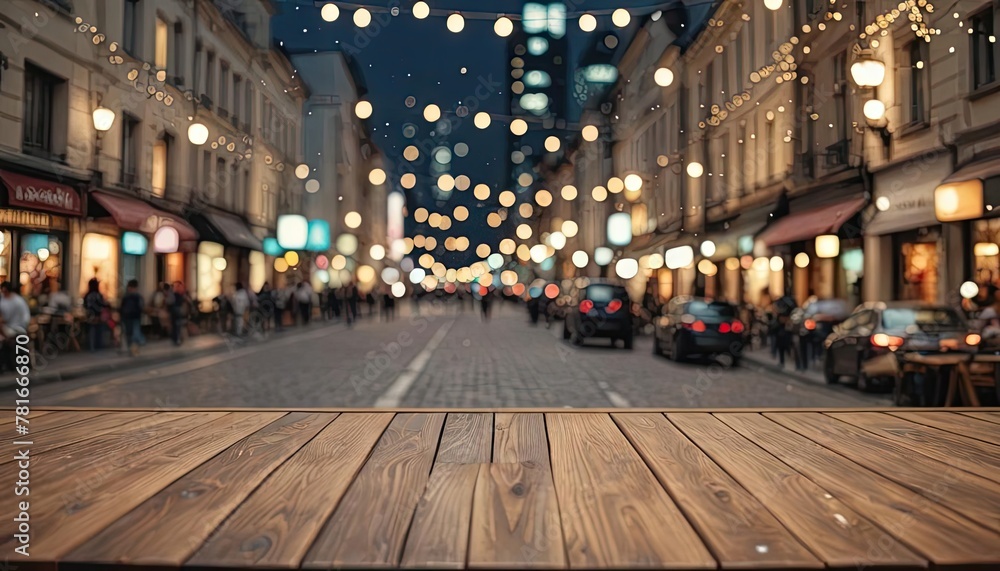 a wooden table with a blurry traffic street background