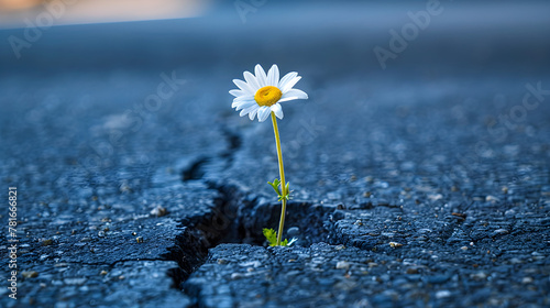 Daisy flower sprouting from cracks in the city's asphalt, showing the strength of mother nature and symbolizing hope and resilience © ELmidoi-AI