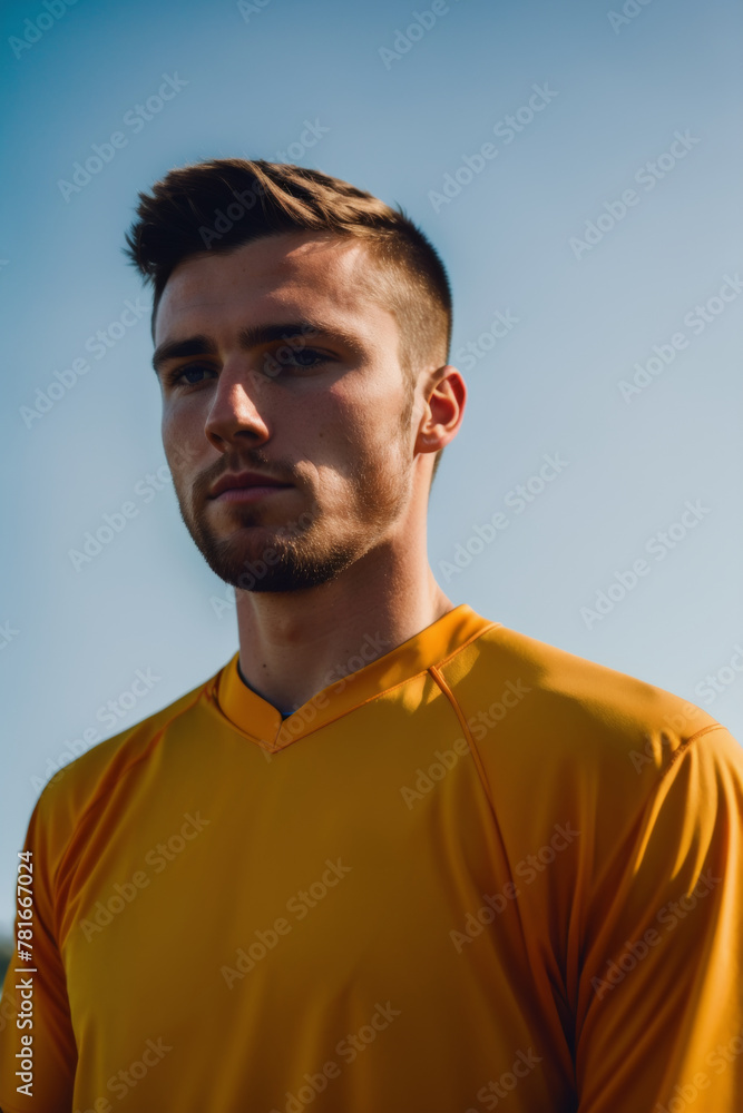 Obraz premium Upper body shot of an Caucasian athlete wearing a sports jersey, confidently looking into the distance. AI generated.