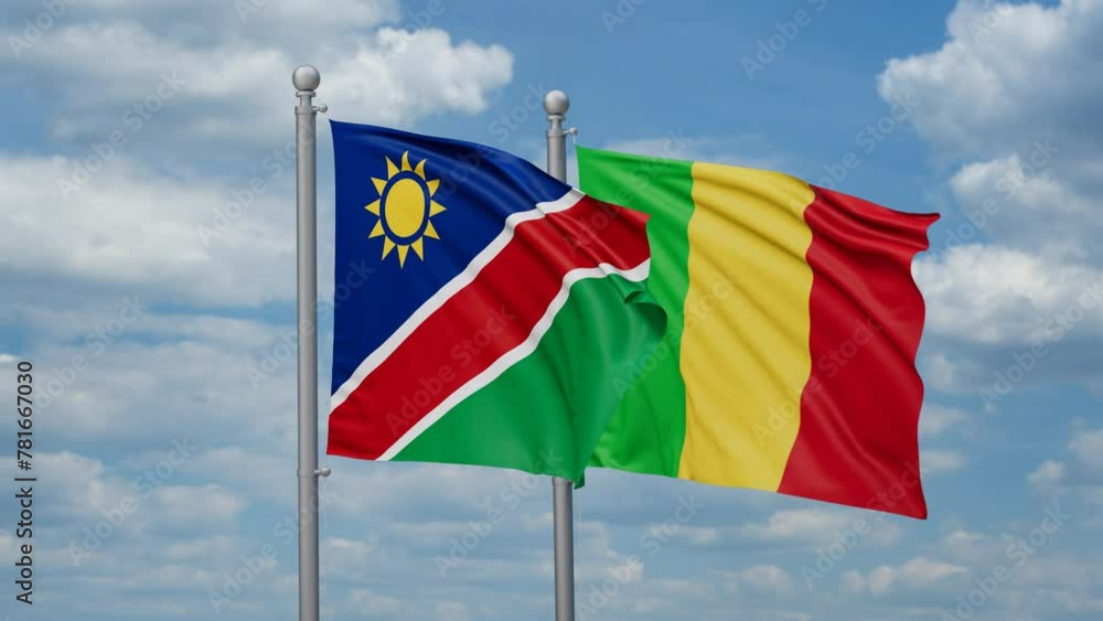 Mali and Namibia flags waving together, looped video, two country relations concept Mali and Namibia flags waving together, looped video, two country relations concept