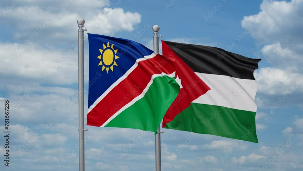 Jordan and Namibia two flags waving together, looped video, two country relations concept Jordan and Namibia two flags waving together, looped video, two country relations concept