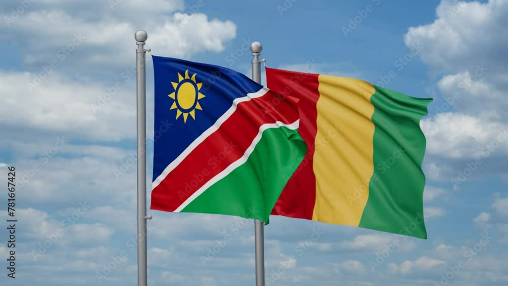 Republic of Guinea and Namibia two flags waving together, looped video, two country relations concept Republic of Guinea and Namibia two flags waving together, looped video, two country relations concept
