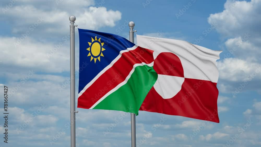 Greenland and Namibia two flags waving together, looped video, two country relations concept Greenland and Namibia two flags waving together, looped video, two country relations concept
