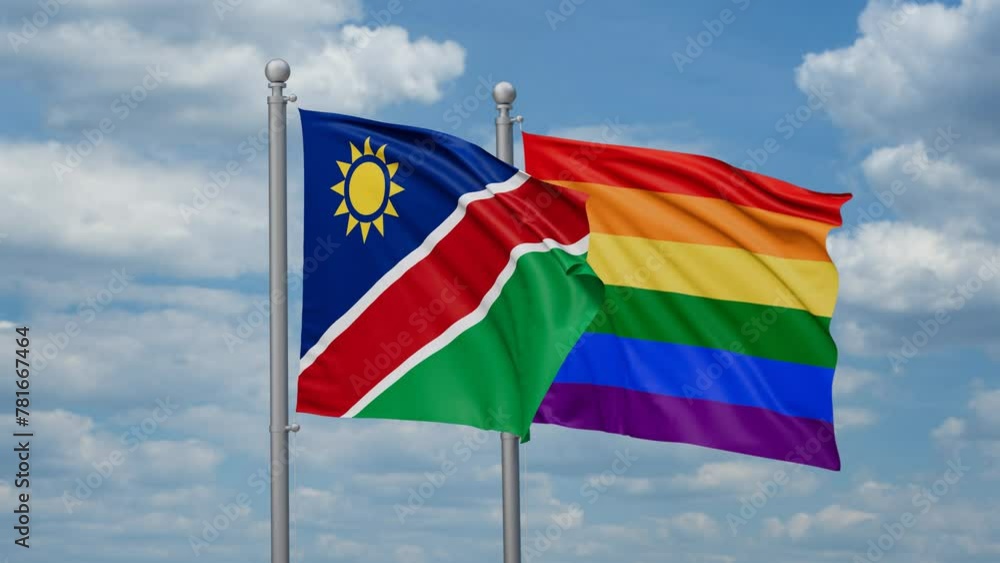 LGBT movement flag also Gay Pride and Namibia two flags waving cycle looped video, tolerance conception in country LGBT movement flag also Gay Pride and Namibia two flags waving cycle looped video, tolerance conception in country
