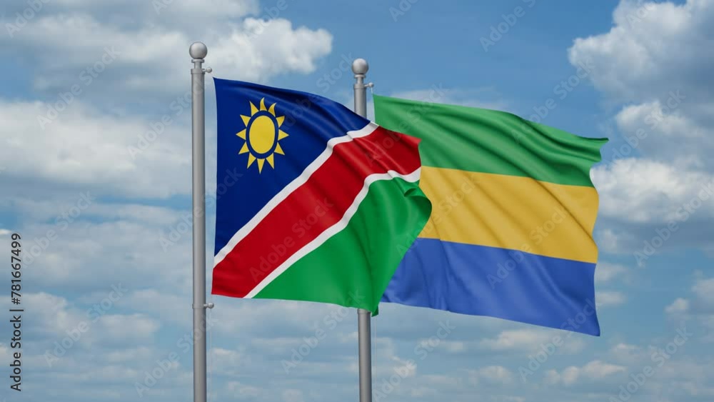 Gabon and Namibia two flags waving together, looped video, two country relations concept Gabon and Namibia two flags waving together, looped video, two country relations concept