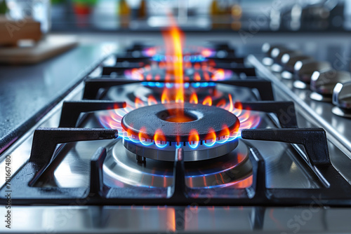 Modern gas stove in kitchen with a blue flame.