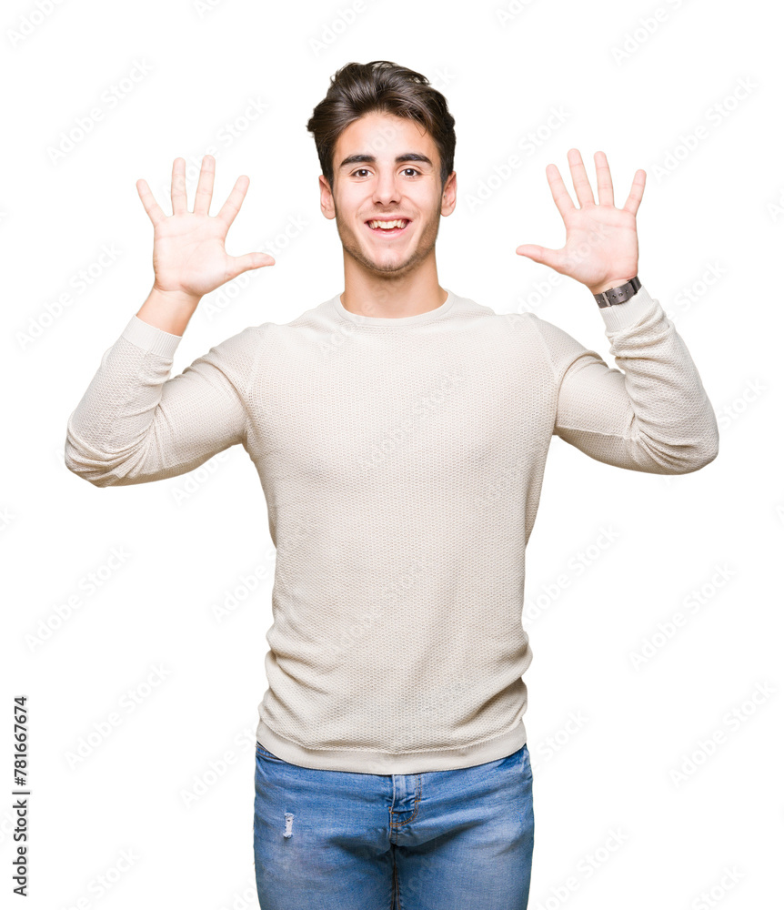 Naklejka premium Young handsome man over isolated background showing and pointing up with fingers number ten while smiling confident and happy.