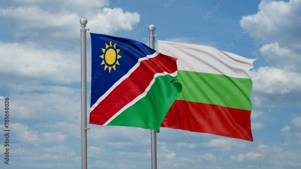 Bulgaria and Namibia two flags waving together, looped video, two country relations concept Bulgaria and Namibia two flags waving together, looped video, two country relations concept