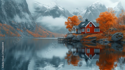 A red house sits on a rocky shore next to a lake