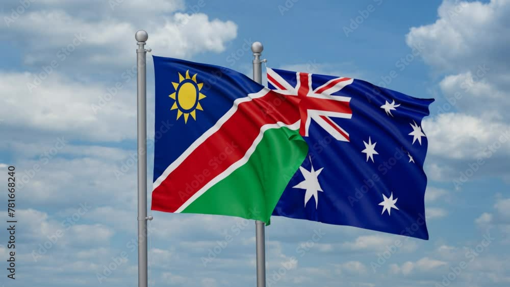 Australia and Namibia two flags waving together, looped video, two country relations concept