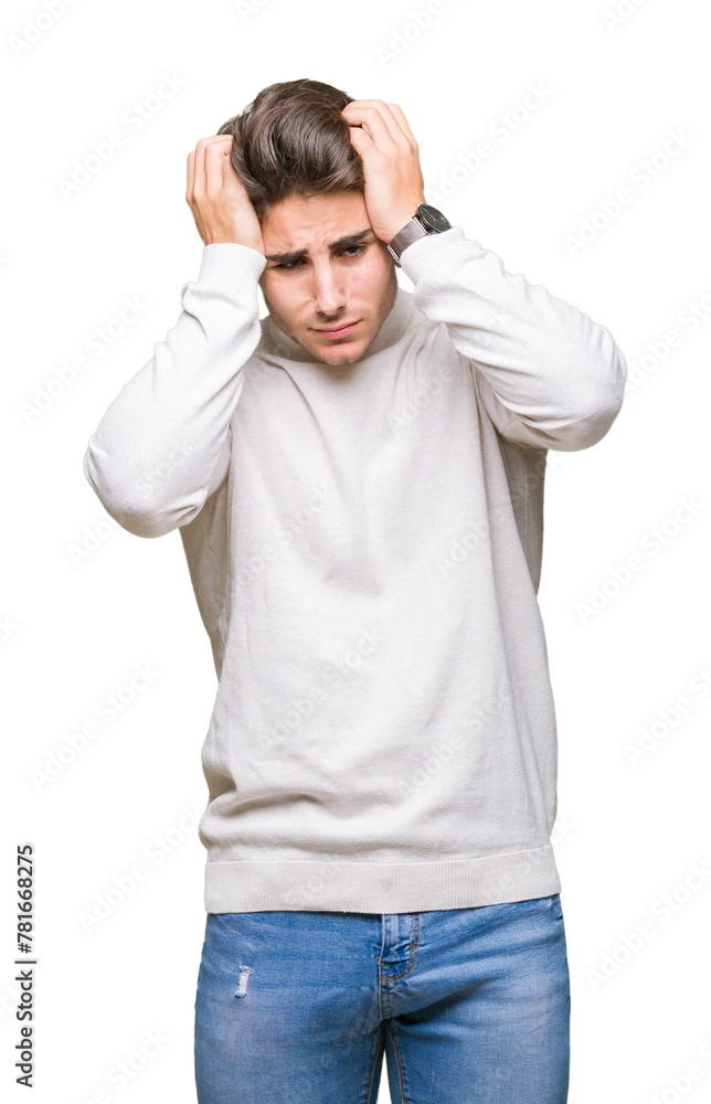 Young handsome man wearing turtleneck sweater over isolated background suffering from headache desperate and stressed because pain and migraine. Hands on head. Young handsome man wearing turtleneck sweater over isolated background suffering from headache desperate and stressed because pain and migraine. Hands on head.