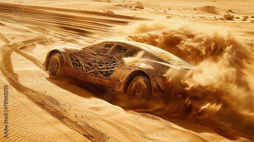 A car, its frame woven from sand, moves gracefully across the desert terrain.8K UHD, High definition, High quality texture, intricate detailed, detailed texture, finely detailed.