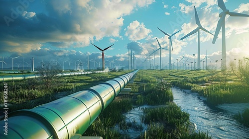 A hydrogen pipeline with wind turbines and in the background. Green hydrogen production concept. copy space for text.