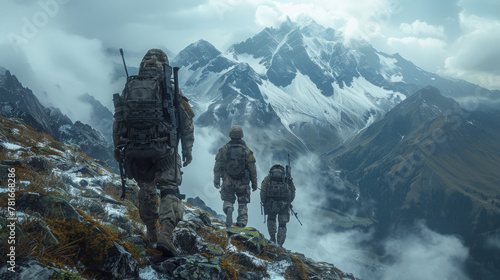 command rangers during the military operation. soldiers climbing on mountain, one of them giving hand and helping to climb. Help, support, assistance in a dangerous situation.