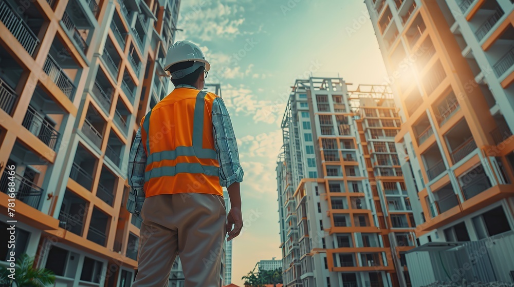 custom made wallpaper toronto digitalAsian engineer handsome man or architect survey to building with white safety helmet and wear reflective clothing for the safety of the work operation outdoor. copy space for text.
