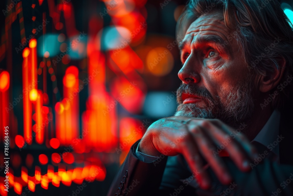 A pensive businessman lost in thought standing amidst the glowing city nightlife A pensive businessman lost in thought standing amidst the glowing city nightlife