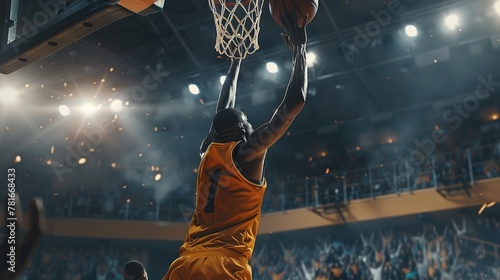 African American National Basketball Superstar Player Scoring a Powerful Slam Dunk Goal with Both Hands In Front Of Cheering Audience Of Fans. copy space for text.