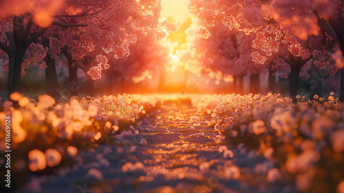 Beautiful cherry blossom tunnel in the park in the morning. Nature background photo