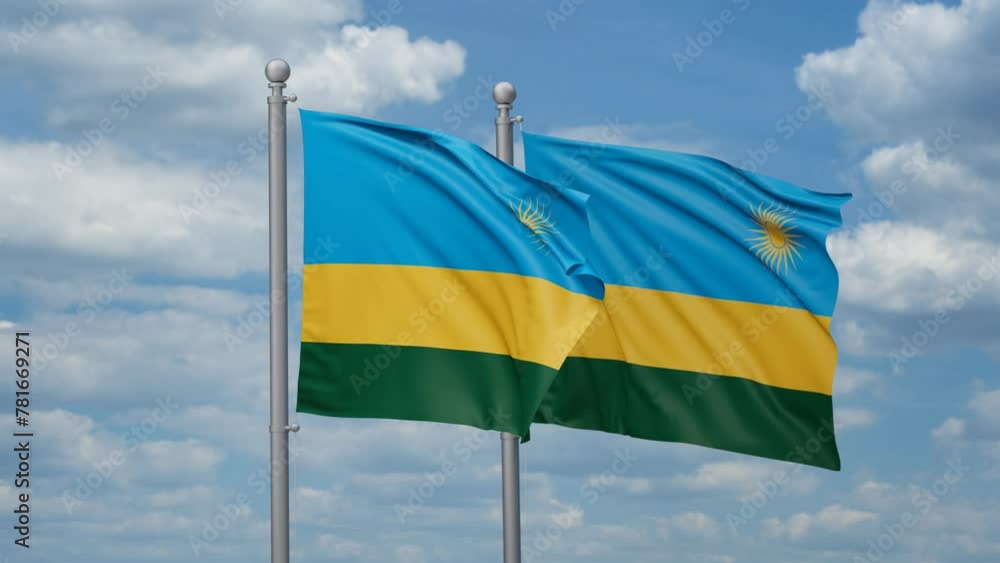 Republic of Rwanda two flags waving together, looped video, two country cooperation concept Republic of Rwanda two flags waving together, looped video, two country cooperation concept
