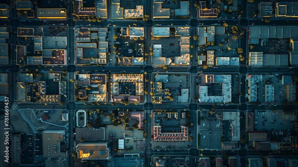 This bird's eye perspective highlights the geometric patterns and illumination of city infrastructure after dusk This bird's eye perspective highlights the geometric patterns and illumination of city infrastructure after dusk