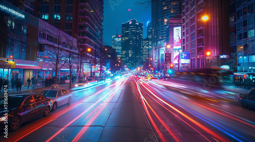 A long exposure technique showcases streaks of car lights weaving through a vibrant urban landscape at night