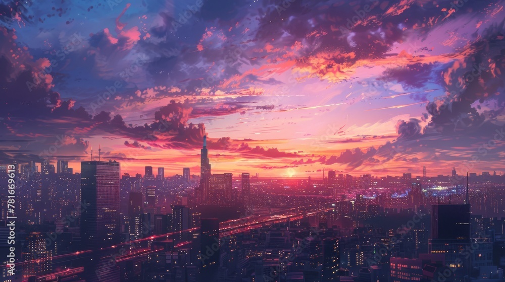 A breathtaking depiction of sunset over the urban sprawl, where the city's pulse resonates through the glowing skyline.
