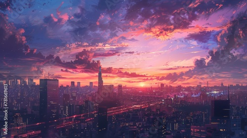 A breathtaking depiction of sunset over the urban sprawl, where the city's pulse resonates through the glowing skyline.