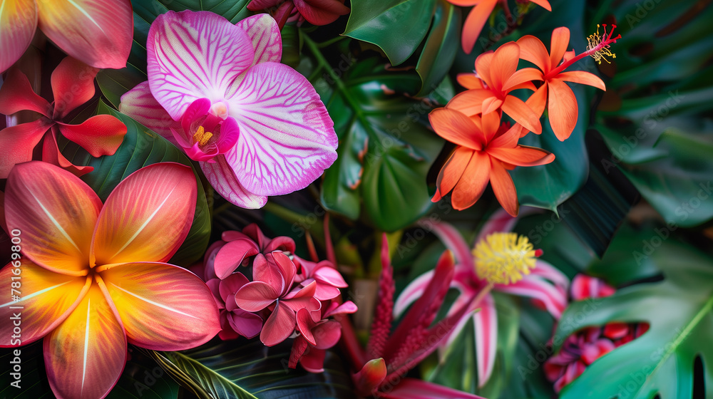 close-up of vibrant tropical flowers, showcasing intricate patterns and vivid hues