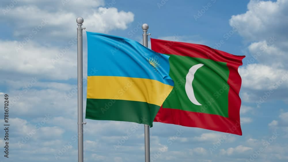 Maldives and Rwanda two flags waving together, looped video, two country relations concept Maldives and Rwanda two flags waving together, looped video, two country relations concept