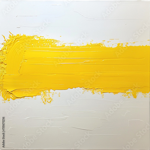 A smooth horizontal stroke of vibrant dark yellow paint applied evenly across almost whole pristine white canvas, creating a striking contrast and sense of movement in the composition