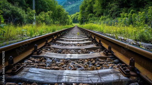 Close-up view of a train track surrounded by rocks and grass