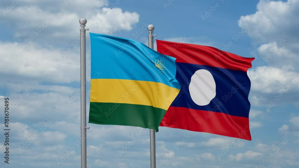Laos and Rwanda two flags waving together, looped video, two country relations concept Laos and Rwanda two flags waving together, looped video, two country relations concept
