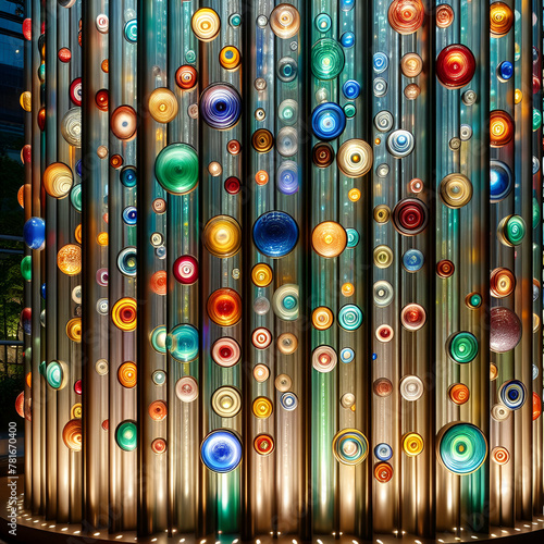 Mosaic Lit Cylinder, Turkish Floor, Arabic, Chinese Lamps, Lanterns, Lights, Columns of Scattered Colorful Glass Circles on a Wall. Traditional Festival Arts & Crafts Enchantment Bazaar Under the Sea.