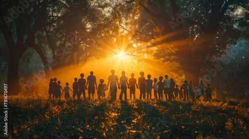 community large family in the park. a large group of people holding hands walking silhouette on nature sunset in the park. big family kid dream concept. people in the park. large sunlight family. photo