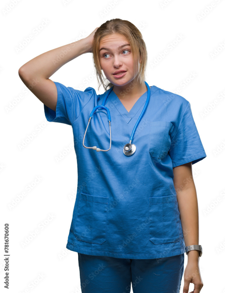 Young caucasian doctor woman wearing surgeon uniform over isolated background confuse and wonder about question. Uncertain with doubt, thinking with hand on head. Pensive concept. Young caucasian doctor woman wearing surgeon uniform over isolated background confuse and wonder about question. Uncertain with doubt, thinking with hand on head. Pensive concept.