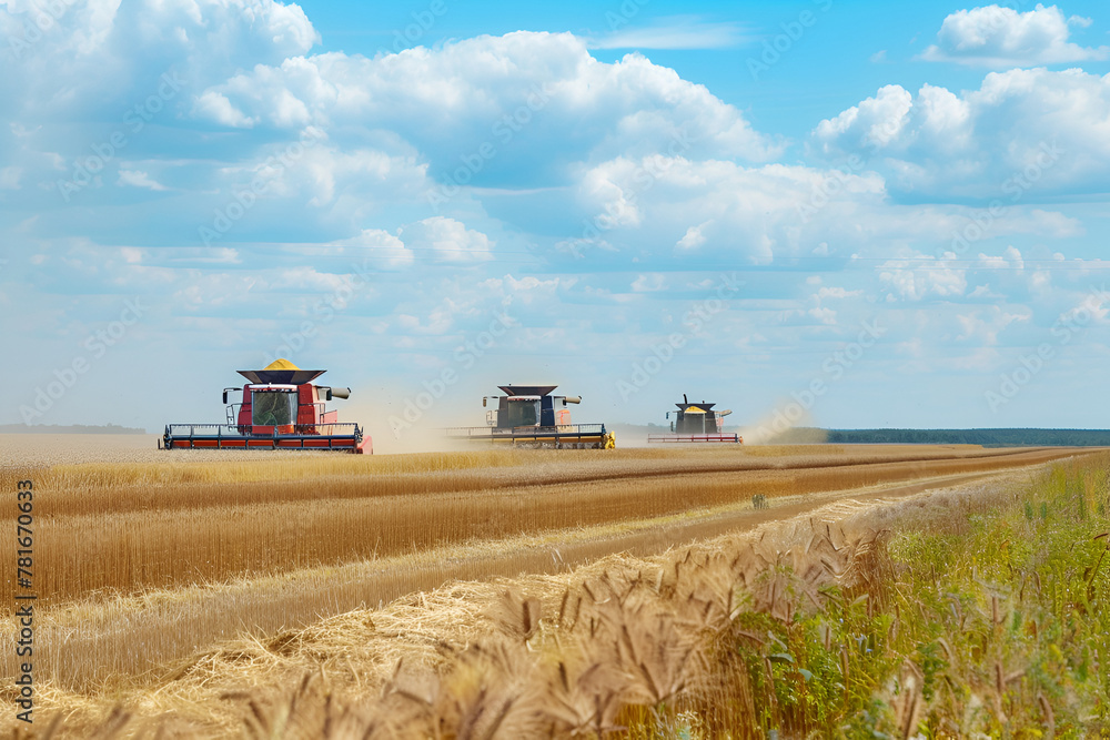 Fototapeta premium Harvesters work in the field harvesting wheat. Agricultural industry.