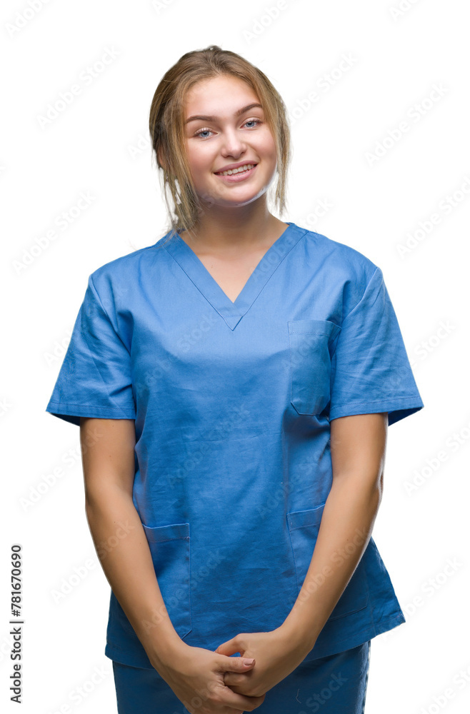 Young caucasian nurse woman wearing surgeon uniform over isolated background with a happy and cool smile on face. Lucky person. Young caucasian nurse woman wearing surgeon uniform over isolated background with a happy and cool smile on face. Lucky person.