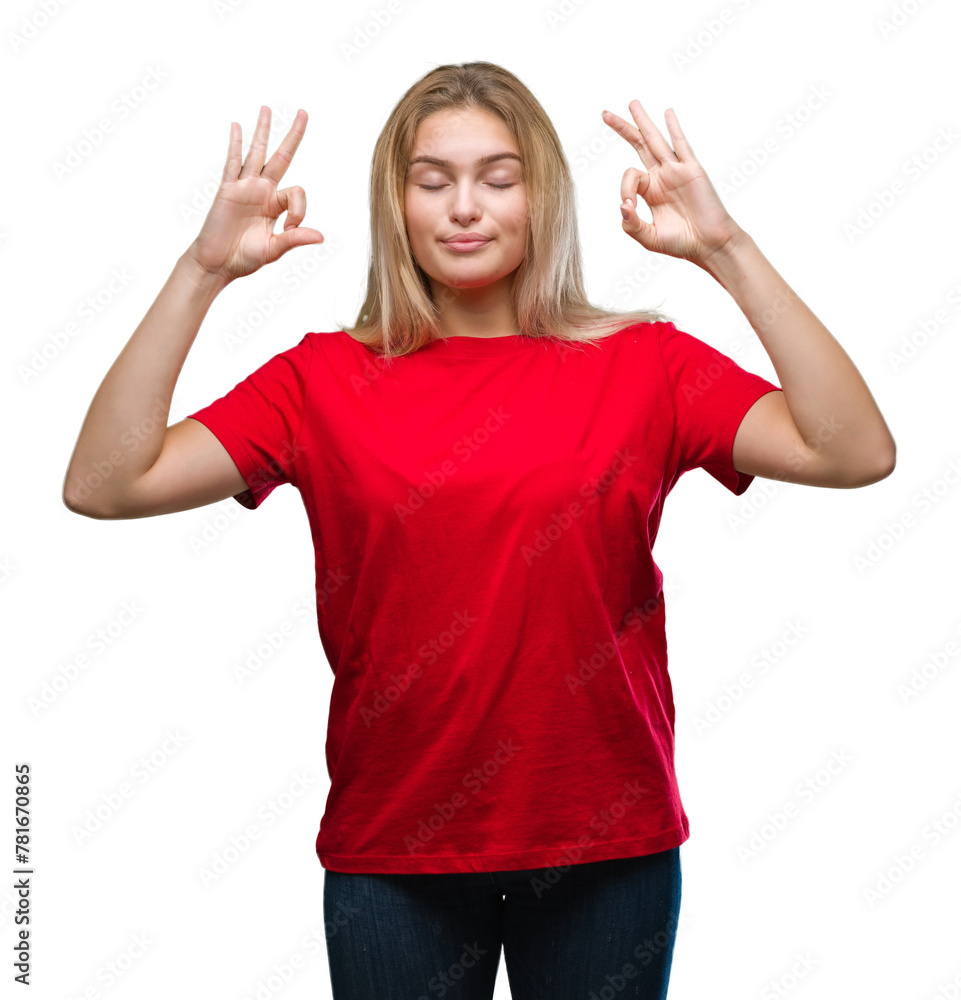 Young caucasian woman over isolated background relax and smiling with eyes closed doing meditation gesture with fingers. Yoga concept. Young caucasian woman over isolated background relax and smiling with eyes closed doing meditation gesture with fingers. Yoga concept.