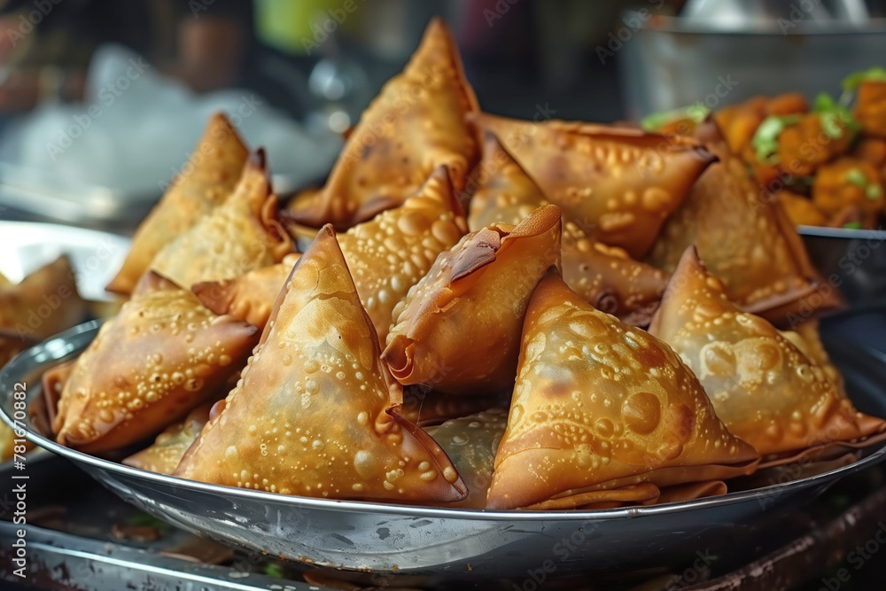 A plate of golden fried dumplings sits on a table A plate of golden fried dumplings sits on a table