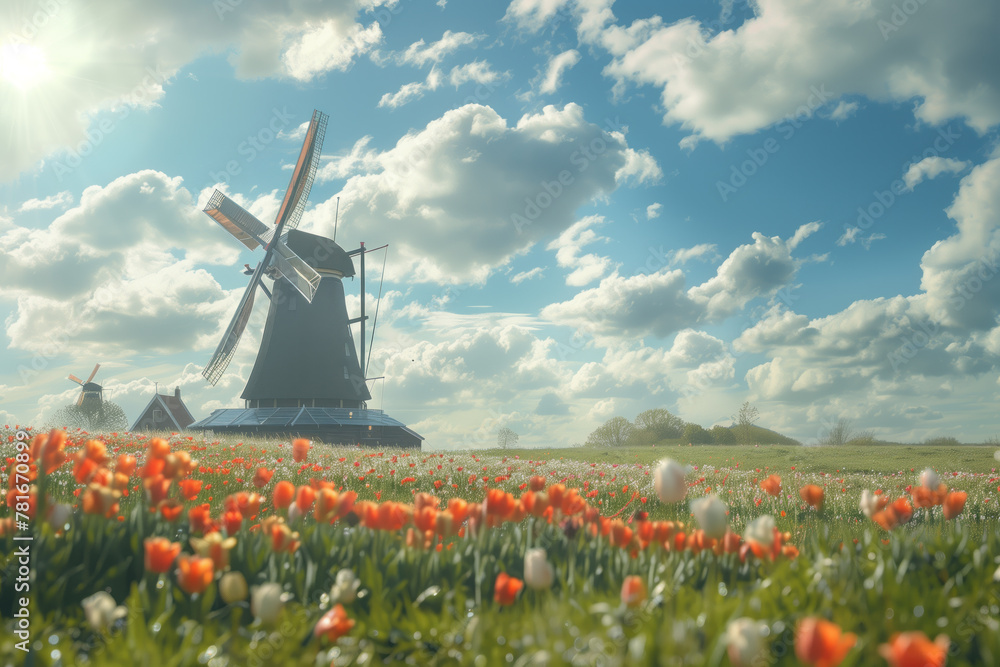 A windmill is in the middle of a field of flowers