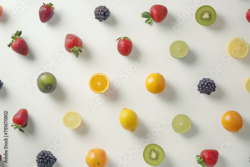 A colorful fruit pattern is displayed on a white background