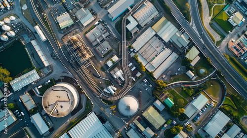 Aerial view of business park or industrial zone, showcasing infrastructure and facilities