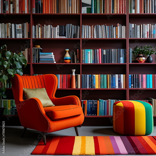the bookshelf is red and theres a brown couch in, ai generative photo