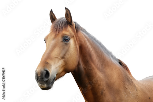 A close-up profile of a majestic brown horse, showcasing its strong features and beautiful coat against a white background © Sviatlana