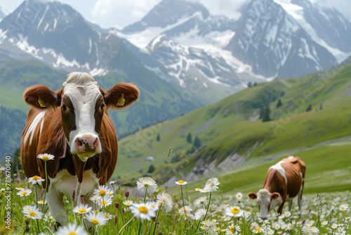 Two cows are grazing in a field of flowers