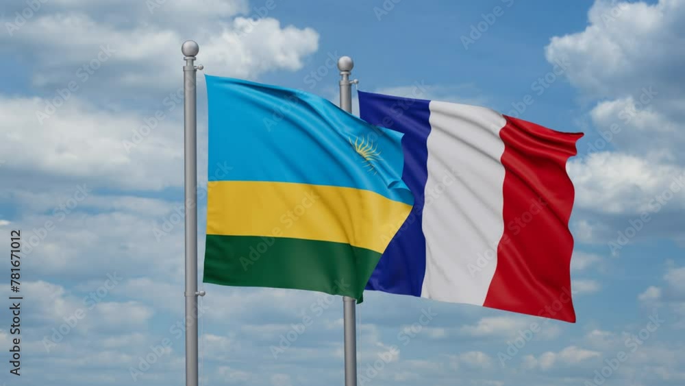 France and Rwanda flags waving together, looped video, two country relations concept France and Rwanda flags waving together, looped video, two country relations concept