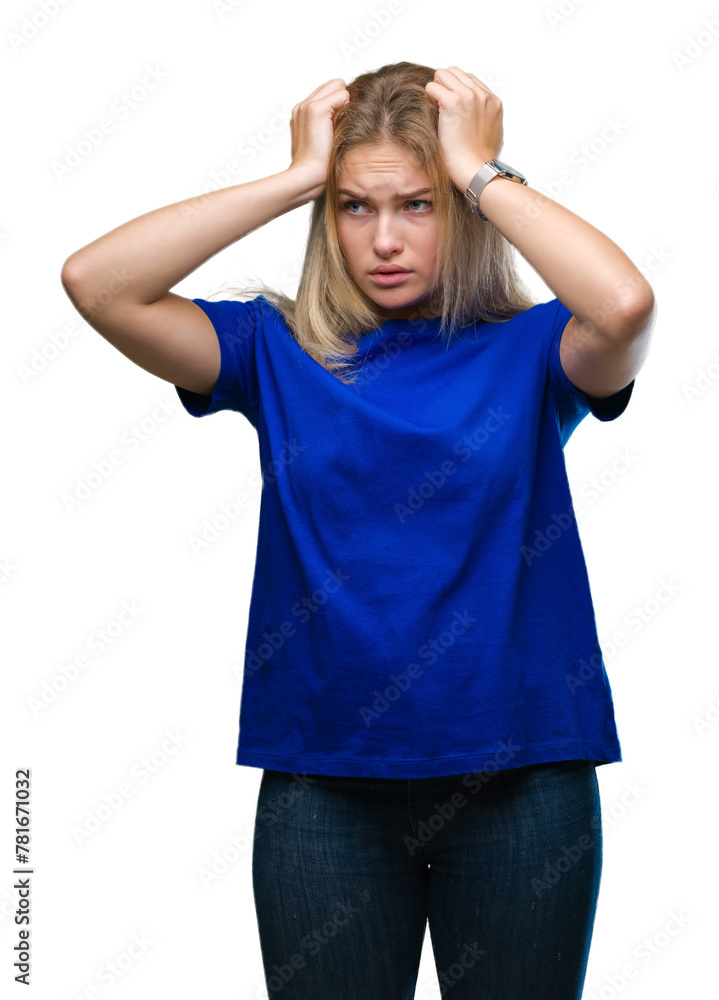 Young caucasian woman over isolated background suffering from headache desperate and stressed because pain and migraine. Hands on head. Young caucasian woman over isolated background suffering from headache desperate and stressed because pain and migraine. Hands on head.