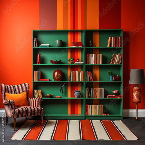 the bookshelf is red and theres a brown couch in, ai generative photo